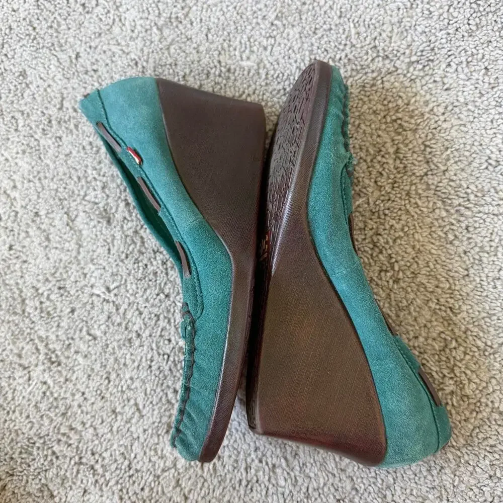 BC Footwear teal suede wedge loafers with embroidered and beaded floral design